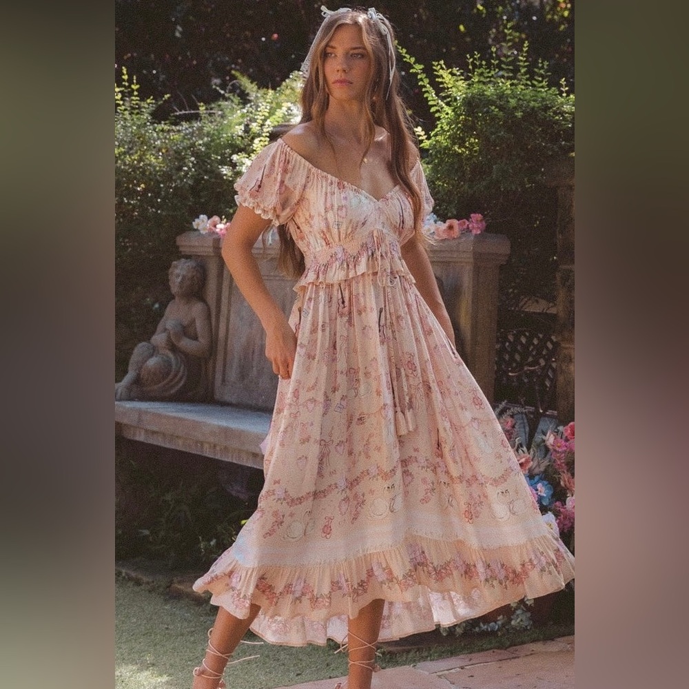 Pink Romance Smocked Midi Dress with Puff Sleeves